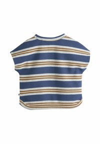 Randig kortärmad topp i blå, vit och brun ribbad stoff. Rundad halsringning och fåll med sidoflikar, med en något lös passform.