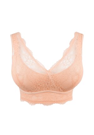 Hellpfirsichfarbiger Spitzen-Bralette mit Blumenmustern, breiten Trägern und einem scallopförmigen V-Ausschnitt.