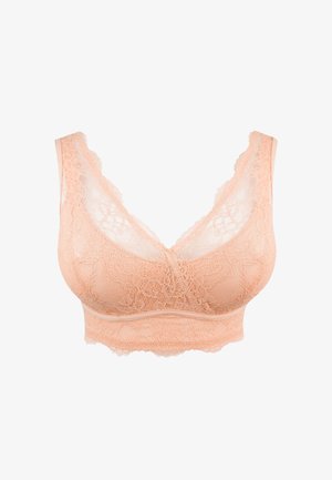 Hellpfirsichfarbiger Spitzen-Bralette mit Blumenmustern, breiten Trägern und einem scallopförmigen V-Ausschnitt.