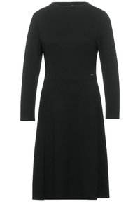 Svart långärmad klänning med rund halsringning, figurnära överdel och utställd kjol. Slät textur med en liten logotypdetalj vid midjan.