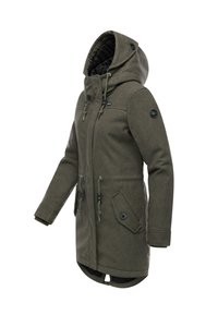 Olivgrön damhoodie vinterjacka med framzipper, dragsko, knäppte fickor och vadderad innerfoder.