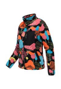 Fleecejacke mit einem lebhaften Muster aus bunten Blumen und Blättern auf schwarzem Hintergrund, mit einer einfarbigen schwarzen Reißverschlusstasche. Hoher Kragen.