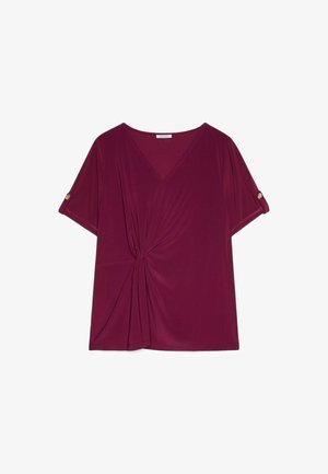 Bordeauxfarbenes Top mit kurzen Ärmeln, V-Ausschnitt, gedrehtem Detail vorne und Knopflaschen an den Ärmeln.