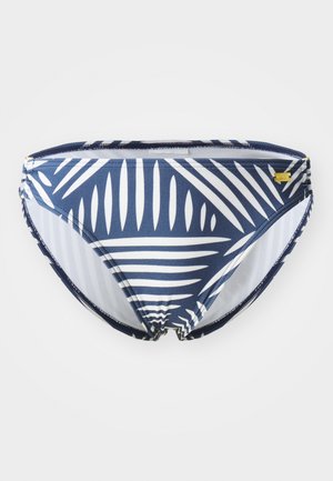 Granatowy bikini z białym wzorem tropikalnych liści, z niskim stanem i marszczeniami po bokach, które dodają tekstury i komfortu.
