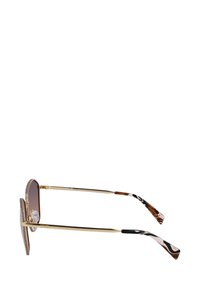 Ochelari de soare din metal aurit cu lentile de culoare maro, accente decorative de sclipici pe ramă și temple cu model maro și negru.