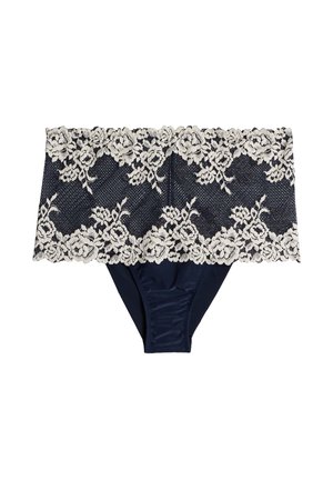 Marineblaue Damenunterwäsche mit breitem weißem Blumen-Spitzenbund und nahtlosem Design.