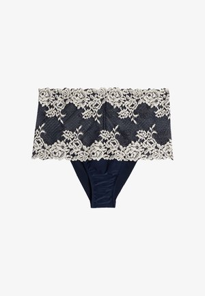 Marineblaue Damenunterwäsche mit breitem weißem Blumen-Spitzenbund und nahtlosem Design.