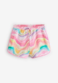 Shorts mit einem welligen Multi-Farben-Muster in Pink, Lila, Gelb und Türkis. Mit einem elastischen Bund und Seitentaschen ausgestattet. Weicher Stoff.