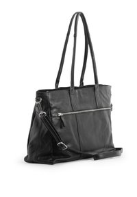 Borsa tote nera in pelle con due manici lunghi, una tasca frontale con zip e una tracolla removibile. Texture liscia con hardware minimale.