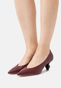 Pompes en cuir bourgogne avec un bout pointu et un talon arrondi distinctif. Texture lisse avec des accents de design minimaux.