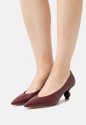 Pompes en cuir bourgogne avec un bout pointu et un talon arrondi distinctif. Texture lisse avec des accents de design minimaux.