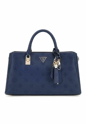 Sac à main synthétique bleu marine avec logo embossé, forme structurée, doubles anses supérieures et accents en métal doré. Comprend des étiquettes décoratives.