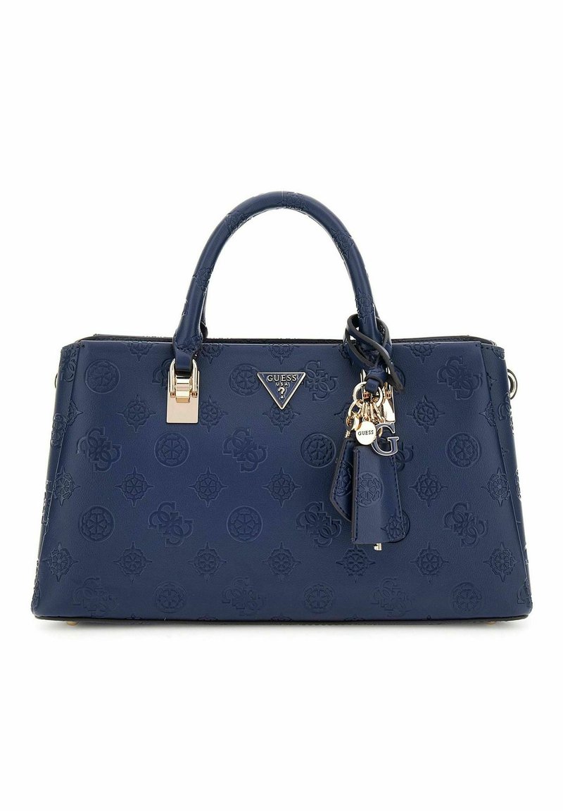 Sac à main synthétique bleu marine avec logo embossé, forme structurée, doubles anses supérieures et accents en métal doré. Comprend des étiquettes décoratives.