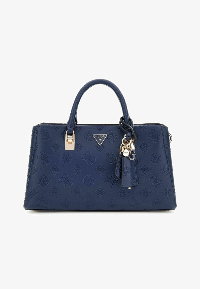 Sac à main synthétique bleu marine avec logo embossé, forme structurée, doubles anses supérieures et accents en métal doré. Comprend des étiquettes décoratives.