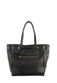 Zwarte faux leren tote tas met twee handvatten, een voorzak met rits en goudkleurige hardware. Heeft een gestructureerde afwerking en een open-top ontwerp.