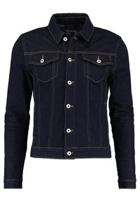 Mörkblå denimjacka med knapplås, två knäppta bröstfickor, långa ärmar och kontrasterande sömnadsdetaljer.