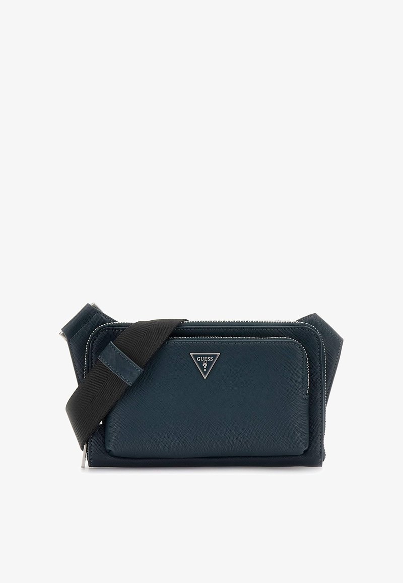 Námornícky modrá crossbody taška vyrobená z textúrovaného syntetického materiálu. Obsahuje zipsový hlavný priestor, nastaviteľný čierny popruh a strieborný logový akcent.