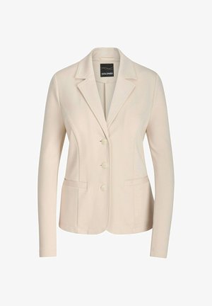 Cremefarbener Damenblazer mit drei Knöpfen, zwei Fronttaschen, langen Ärmeln und einem Reverskragen mit Kerbe.