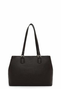 Dark brown leather tote bag with textured surface, dual shoulder straps, and silver-tone hardware. Features a structured shape and simple design.