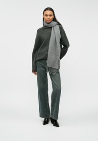 Pelēks vilnas džemperis ar brīvu piegriezumu, apvienots ar gaiši pelēku šalli ar frizēm. Tumši zaļi plaša kāju džinsi noslēdz tērpu. Melni potīšu zābaki.