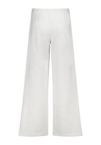Pantaloni larghi grigio chiaro realizzati in tessuto morbido con vita elasticizzata. La parte posteriore presenta una texture liscia e uniforme senza ulteriori dettagli.
