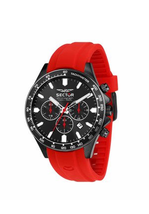 Orologio cronografo nero con cinturino in silicone rosso, indicatori bianchi, tre quadranti secondari, finestra della data e ghiera tachimetrica, marca "Sector".
