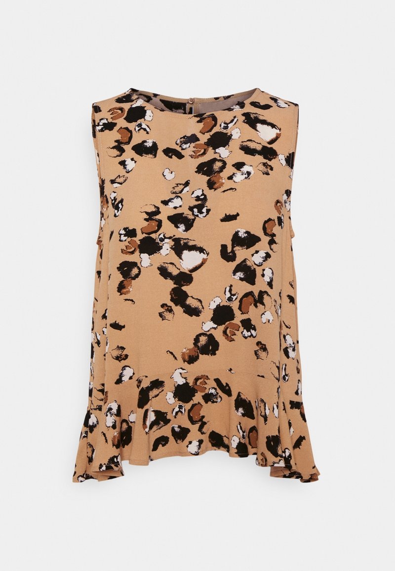 Sleeveless top in light brown with a leopard print pattern featuring black, white, and caramel accents. Flared hem at the bottom.