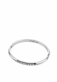 Hõbedane metallist käevõru, millel on tekstuuriga disain ja püramiidsetest aktsentidest elemendid. Siledal pinnal on graveeritud "FURLA 1927" detailid. Ümmargune kuju.