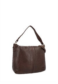 Sac à main d'épaule en cuir marron avec surface texturée, une seule bandoulière et un détail de boucle sur fond blanc.