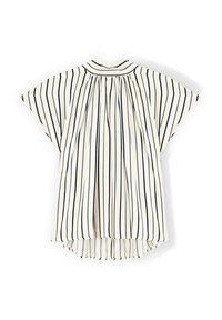 Blusa crema con strisce verticali blu navy, maniche corte e ampie, schiena plissettata, orlo curvo e colletto. Tessuto leggero con una trama liscia.