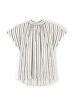 Cremfarbene Bluse mit navyblauen vertikalen Streifen, kurzen weiten Ärmeln, gefaltetem Rücken, asymmetrischem Saum und Kragen. Leichter Stoff mit glatter Textur.