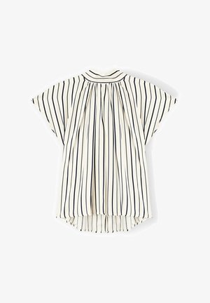 Blusa crema con strisce verticali blu navy, maniche corte e ampie, schiena plissettata, orlo curvo e colletto. Tessuto leggero con una trama liscia.