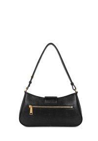 Sac à main en cuir noir texturé avec une forme arrondie, détail de fermeture éclair dorée et une seule bandoulière ajustable. Comprend une fermeture sur le dessus et une poche avant.