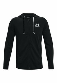 Sort zip-hoodie lavet af blødt stof. Har en hætte, hvide snore, et frontlogo og sidelommer. Tætsiddende design med ribbede manchetter.