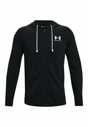 Haut de hoodie zippé noir en tissu doux. Doté d'une capuche, de cordons blancs, d'un logo sur le devant et de poches latérales. Design ajusté avec des poignets côtelés.