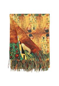 Tessuto intrecciato piegato, con un design dettagliato ispirato a "Il bacio" di Gustav Klimt, con oro, verde, rosso e frange.