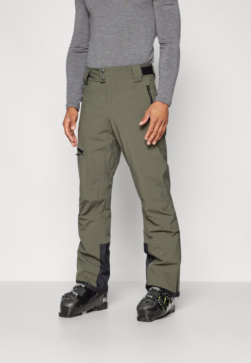 Olive green snow pants with a straight-leg design, featuring zippered pockets and black accents at the cuffs. Suitable for cold weather.