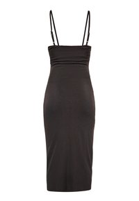 Rochie neagră, ajustată, cu bretele subțiri, guler drept și design de lungime medie. Textură netedă, concepută pentru o siluetă elegantă.