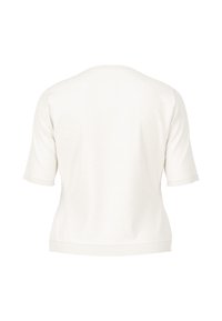 White short-sleeve top, soft texture, rounded neckline, slightly loose fit, hem sits above the waist, no patterns or visible hardware.
