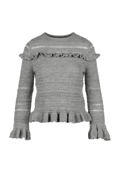 Szürke kötött pulóver hosszú ujjakkal, fodros díszítéssel a vállakon és mandzsettákon, texturált mintákkal és peplum alsó résszel.