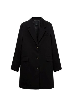 Palton negru personalizat, cu închidere cu butoane, două buzunare, rechini și o textură netedă. Dispune de un singur buzunar pe piept și un design elegant.