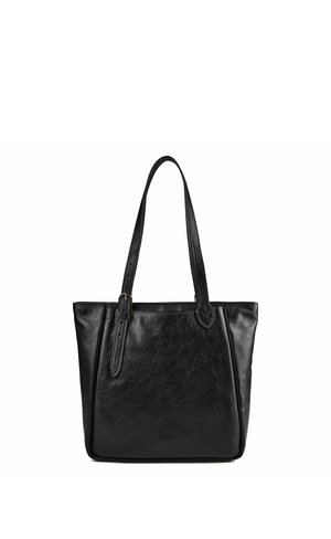 Bolso tote de piel negra con dos correas largas para el hombro y un pequeño detalle de hebilla en una de las correas, mostrado sobre un fondo blanco.