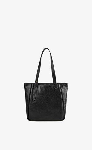 Black leather tote bag with two long shoulder straps and a small buckle detail on one strap, shown against a white background.