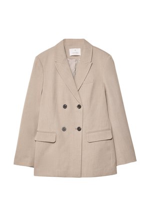 Blazer beige à double boutonnage avec un revers cranté, deux poches avant et des boutons noirs. Tissu lisse et texturé avec une coupe ajustée.