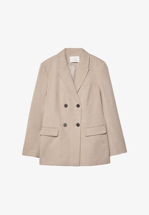 Beige dobbeltbrystet blazer med reverskrave, to forlommer og sorte knapper. Glat, struktureret stof med en skræddersyet pasform.