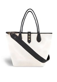 Borsa tote con corpo strutturato color crema, manici in pelle nera e tracolla removibile. Caratterizzata da dettagli intrecciati e accessori in oro.