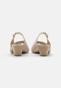 Beige slingback-skor för kvinnor med medelhöga klackar och justerbara vristremmar, sedda bakifrån på en vit bakgrund.