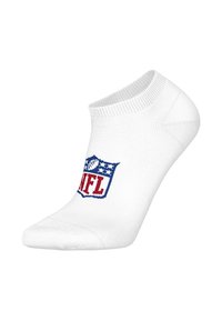 White ankle socks featuring a blue and red NFL logo, smooth texture, ribbed cuff, and reinforced toe for durability.