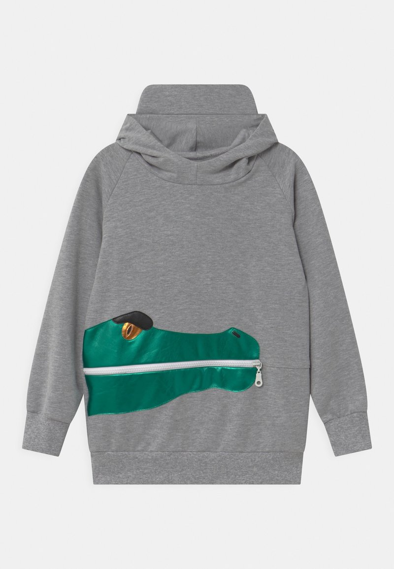 Sweat à capuche gris avec un motif tête de crocodile verte et une fermeture éclair fonctionnelle représentant la bouche du crocodile sur la partie inférieure avant.