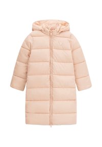Cappotto imbottito in morbido rosa pastello, dotato di cappuccio, maniche lunghe, chiusura anteriore con zip e design a pannelli cuciti.